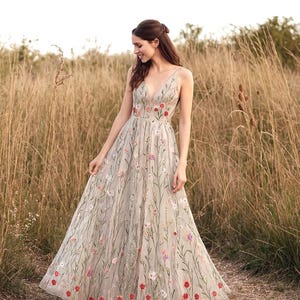Floral Embroidered Dress, Floral Bridal Gown, Floral Wedding Dress