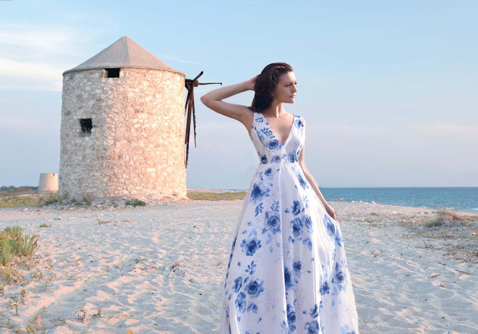 white dress with blue flowers