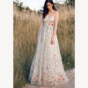 Strappy Floral Embroidered Dress, Floral Bridal Gown, Floral Wedding Dress