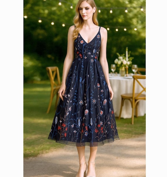 knee length dresses for ladies 3D Floral Strappy V-Neck Midi Dress – bebe main image 0