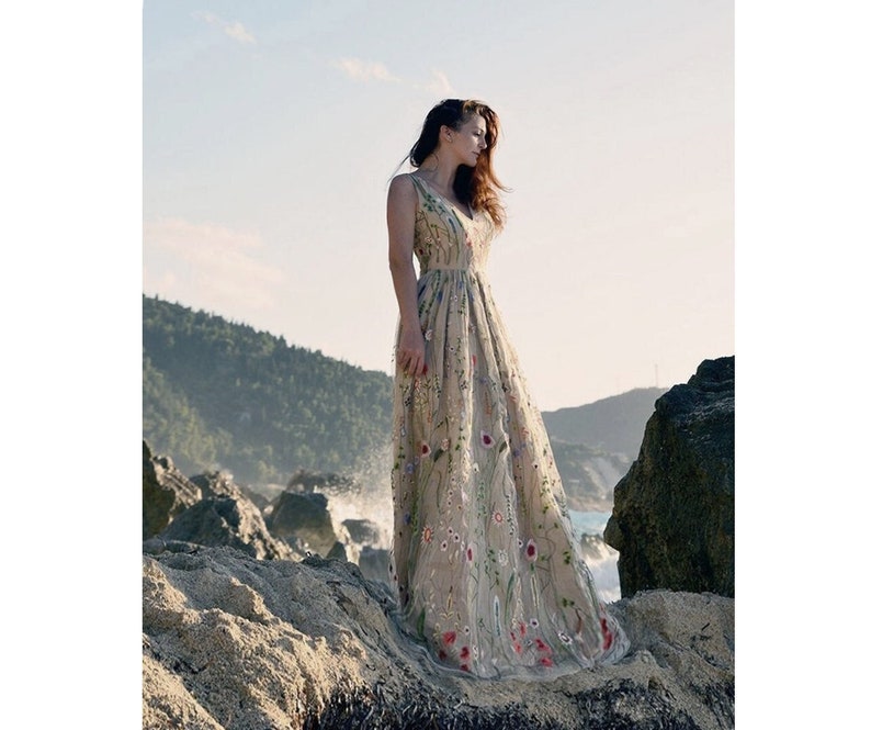 LANA Dress /Embroidered Floral Wedding Dress, Garden Bridal Gown Beige