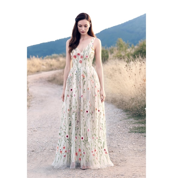 Lana Dress / Embroidered Tulle Dress, Floral Wedding Dress, Garden Bridal Gown