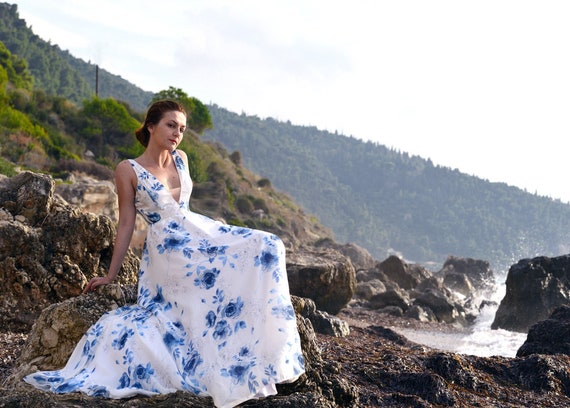 blue floral chiffon dress