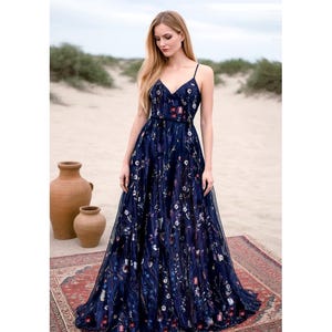 Blue Embroidered Dress, Floral Blue Dress, Garden Party Gown