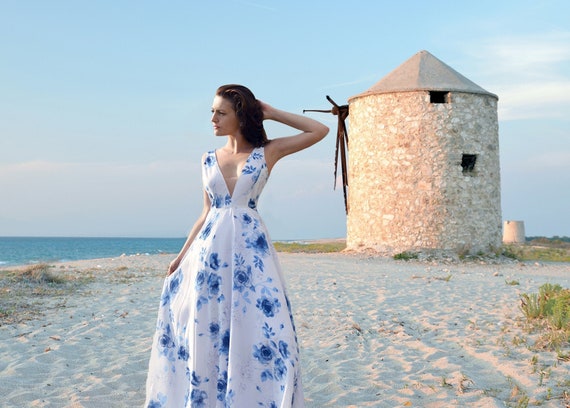 Blue Floral Dress Floral Silk Chiffon 