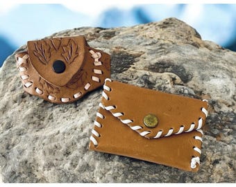 Vintage 2 Handmade Hand Tooled Leaves Leather MINI Coin Purse Wallet w/ Buckle
