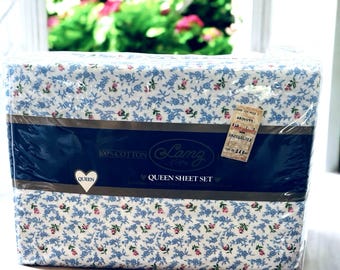 Vtg Lanz of Salzburg FLANNEL QUEEN SHEET Set Blue Pink Roses Country Cottage