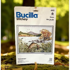 BUCILLA Stitchery &quot;DOWNSTREAM&quot; #49065 FISHING Crewel Wool Kit Andree Palmateer