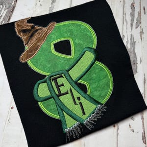 May include: Green number eight with a brown wizard hat and a green scarf with the letter "E" on it.