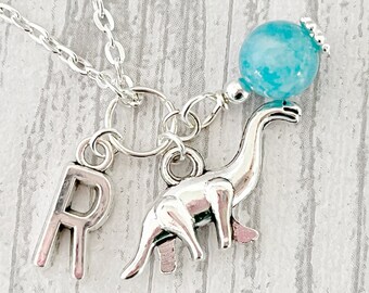Dinosaur Necklace, Birthstone Necklace, Dinosaur Jewelry, Silver Dinosaur, Personalised Gifts,  Initial Necklace, Initial Gifts