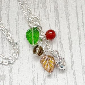 Carnelian & Smoky Quartz Crystal Acorn Necklace: Silver Gemstone Leaf Autumn Jewellery