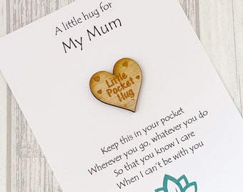 Mum Pocket Hug: Wooden Heart Token, Thinking of You Gift