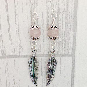 Silver Rose Quartz Feather Earrings, Sterling Silver, Gemstone, Crystal, Feather Jewelry, Feather gifts, Sterling Earrings, Mum, Sister, Nan