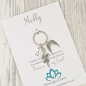 May include: A silver keyring with a snake charm, a letter "M" charm, and angel wings. The keyring is on a white card with the text "Molly" and a quote: "If love could have saved you, you would have lived forever in my heart." The card also includes the website address "www.meaningfulcharm.co.uk".