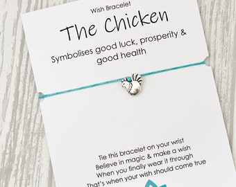 Chicken Wish Bracelet: Antique Silver Charm, Good Luck Gift