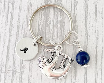 Sloth Keyring, Sloth Keychain, Initial Keyring, Personalised Keyring, Initial Gift, Sloth Gifts, Sloth Jewellery, Sloth Birthstone, Birthday