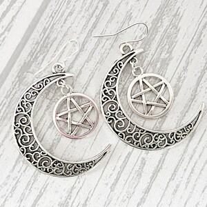 Earrings, Crescent Moon, Protective Pentagram, Beads, Onyx