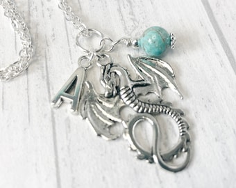 Dragon Necklace | Crystal Birthstone Jewellery | Mythical Creature | Personalised Initial Pendant | Dragon Gifts | Fantasy Jewelry