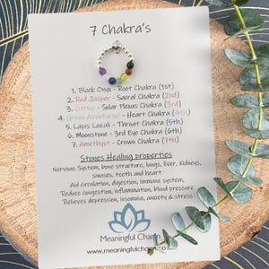 May include: A silver ring featuring seven chakra stones. The stones are black onyx, red jasper, citrine, green aventurine, lapis lazuli, moonstone, and amethyst. The ring is displayed on a white card with the text "7 Chakra's" and a description of the stones and their healing properties.
