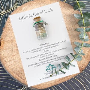 Little Bottle of Luck Crystal Keepsake Jar, Good Luck Charm Gift for Exams, New Job, House Moving & Success - Aventurine Citrine Tigers Eye