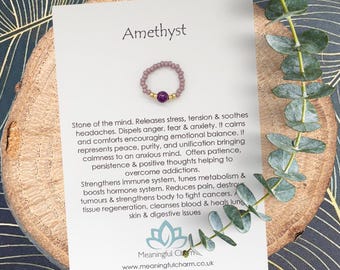 Amethyst Ring | February Birthstone Gift | Beaded Crystal Ring | Gemstone Stretch Jewellery | Healing Crystals
