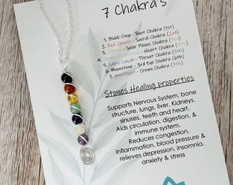 7 Chakra Pendant Necklace | Silver Gemstone Spiritual Jewellery Gifts | Wire Wrapped Crystals for Mindfulness
