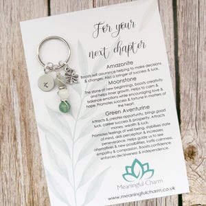 May include: A silver-toned metal keychain featuring a round disc charm engraved with the letter K, a wire-wrapped dangle with three smooth gemstone beads in shades of green and white, and a small four-leaf clover charm attached to a ring.