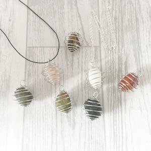 Spiral Cage Gemstone Necklace: Interchangeable Tumble Stone, Adjustable Cord