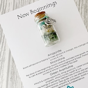 May include: A small glass bottle with a cork stopper, filled with green and white crystal chips. A silver lotus charm hangs from the neck. The bottle is attached to a white card featuring the text New Beginnings and descriptions of Amazonite, Moonstone, and Green Aventurine.