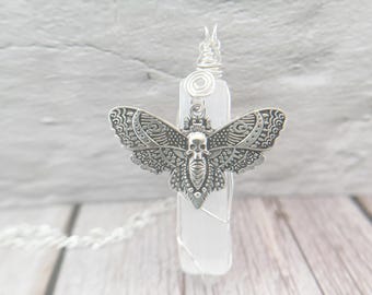 Dead Pure Necklace | Death Moth Necklace | Selenite Pendant | Silver Wire Wrapped | Cleansing | Alternative Jewellery | Healing Crystal