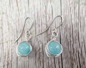Aquamarine Crystal Earrings | Silver Gemstone Dangle Drop | March Birthstone