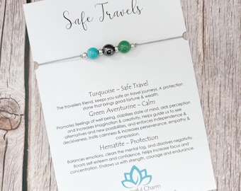 Safe Travels Bracelet, Stay Safe, Journey, Travelling, Abroad, Flying, Good Luck, Travel Gift, Protection, Charm, Adjustable, Crystal