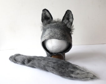 Felted  Newborn Hat + tail, wolf prop hat, Baby Hat Infant felted hat baby Wolf Newborn Girl Hat Boy hat  Felt Hat Newborn  ship from Poland