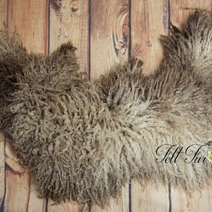 May include: A curly, textured, brown and beige sheepskin rug. The rug is laid out on a wooden surface. The words "Felt Fur" are written in cursive on the rug. The rug has a soft, fluffy appearance.