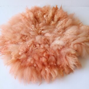 May include: A peach-colored fluffy newborn photography prop made of faux fur. The prop is round and has a soft, textured surface.