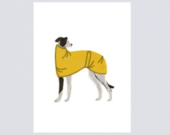 Greyhound Art Print A5, A4, A3 / Impermeabile giallo Greyhound, Whippet, Lurcher, Poster Sighthound / Minimal Dog Wall Decor / Unframed