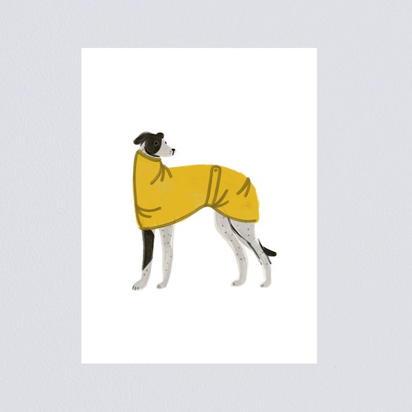 Greyhound Art Print A5, A4, A3 | Yellow Raincoat Greyhound, Whippet, Lurcher, Sighthound Poster | Minimal Dog Wall Decor | Unframed