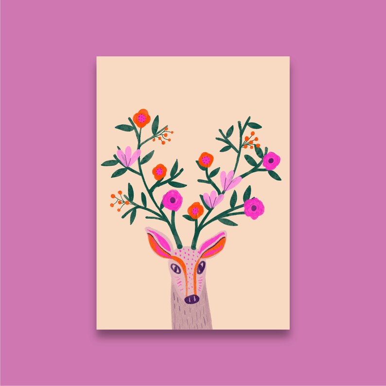 Floral Deer Wall Art Print A5, A4 / Flower Fawn Antlers Folktale