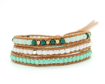 Green and White Sectioned Wrap Bracelet on Natural Leather