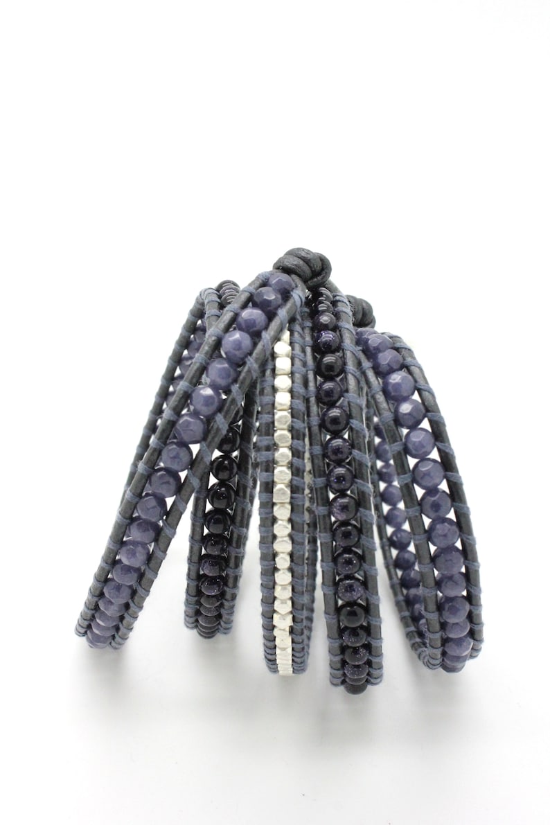 Sparkling Blue Sectioned Wrap Bracelet on Metallic Gunmetal Leather