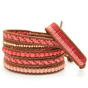 Watermelon and Red Mix Wrap Bracelet on Light Brown Leather