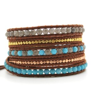 Light Sky Blue and Grey Mix Sectioned Wrap on Light Brown Leather