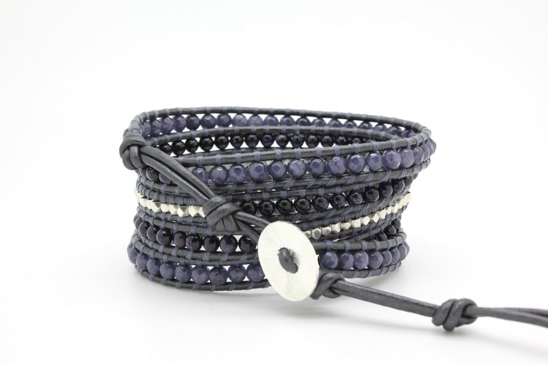 Sparkling Blue Sectioned Wrap Bracelet on Metallic Gunmetal Leather