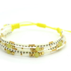 Lime, White and Grey Mix Multi Strand Bracelet on Yellow Cord
