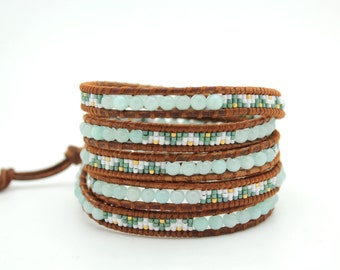 Beaded Wrap Bracelet on Natural Dark Brown Leather