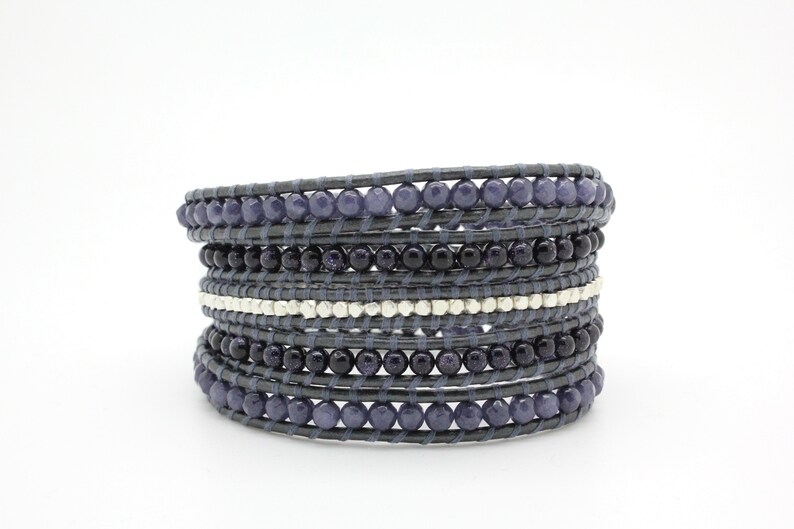 Sparkling Blue Sectioned Wrap Bracelet on Metallic Gunmetal Leather