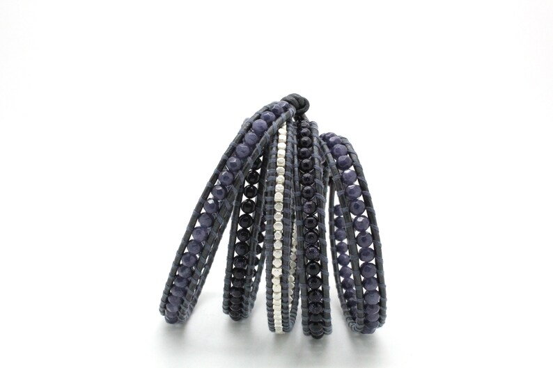 Sparkling Blue Sectioned Wrap Bracelet on Metallic Gunmetal Leather