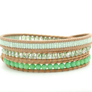 Green Sectioned Wrap Bracelet on Natural Leather