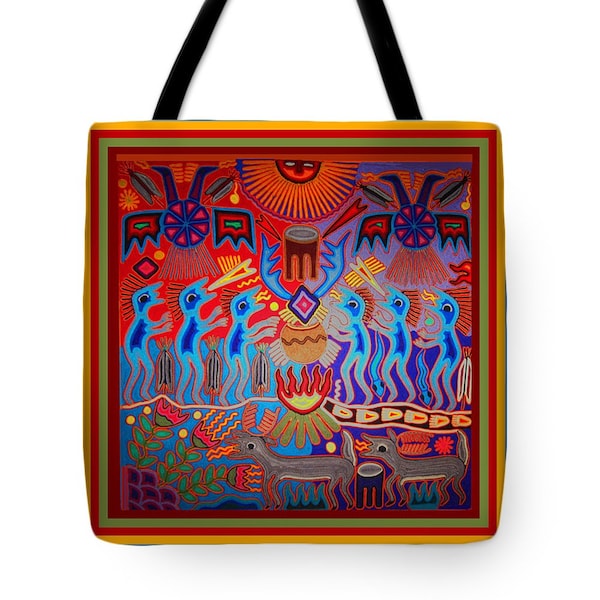 Huichol Inspired Indian Shaman Fire Ritual Design Throw Pillow  Gift - Shaman Ritual Design Tote Bag - Shaman Tribal Decor Throw Pillow