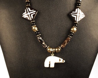 Tribal Hand-Carved Bear Fetish Pendant with Ritual Bone Beaded African VooDoo Shaman Necklace Gift - Shaman Beaded Bear Fetish Necklace Gift